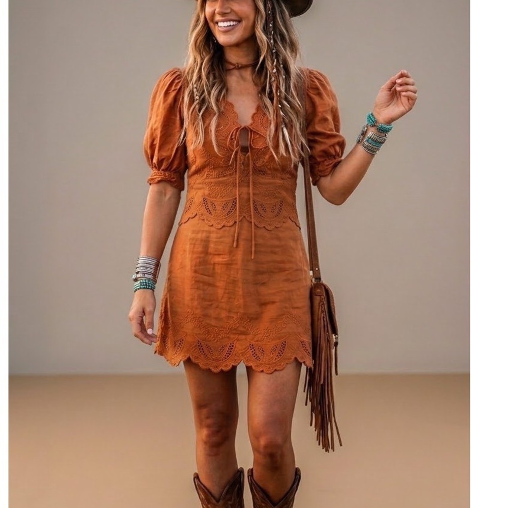 Mable Rust Orange Eyelet Lace Mini Dress Puff Sleeve Boho Western Size Small
